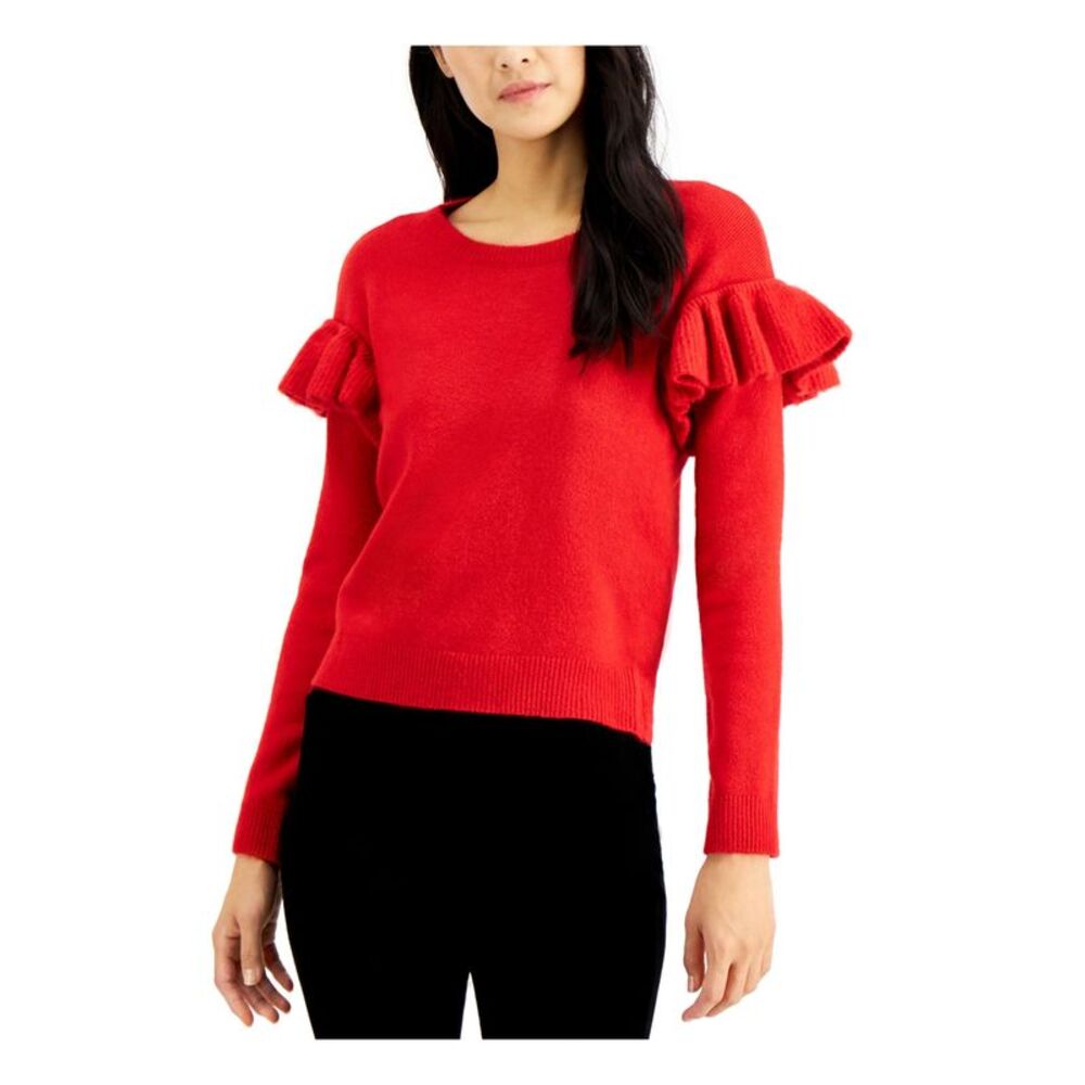 INC Womens Red Ruffled Long Sleeve Crew Neck Sweater Size: M